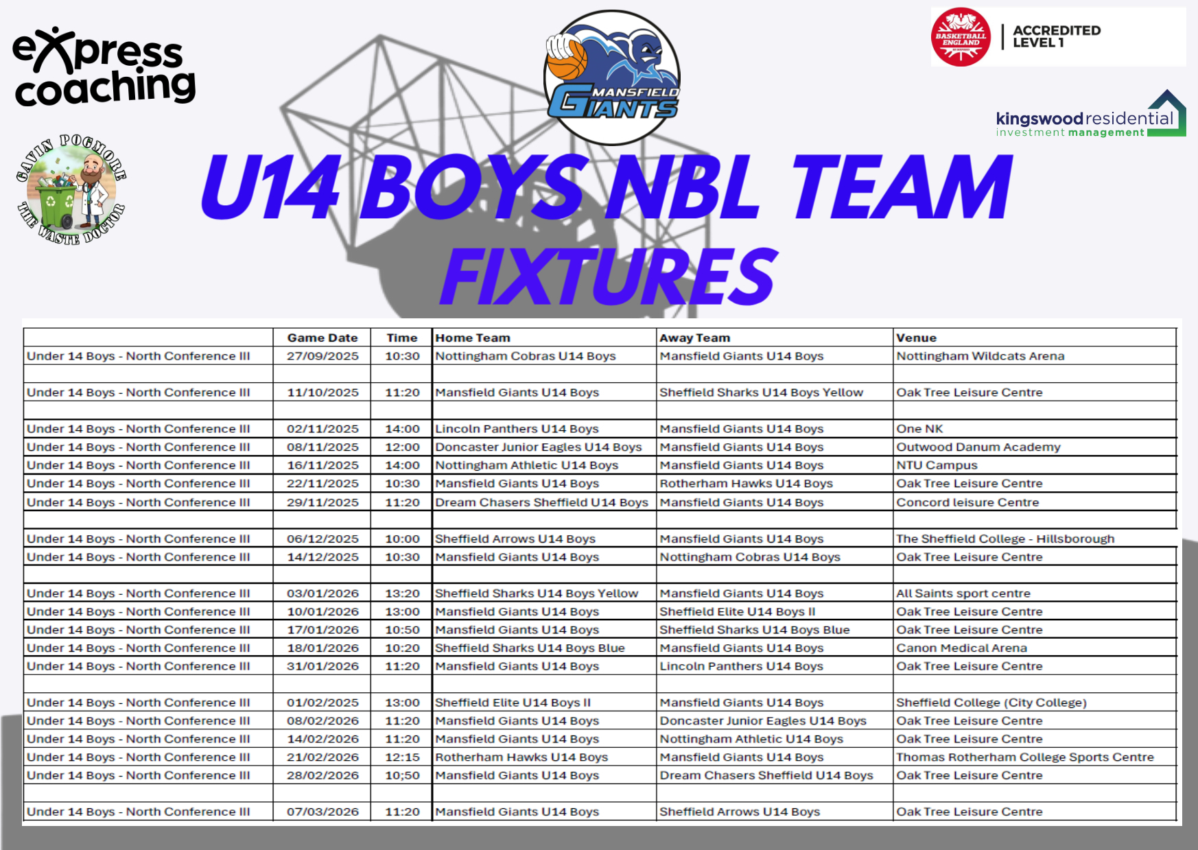 Mansfield Giants Fixtures