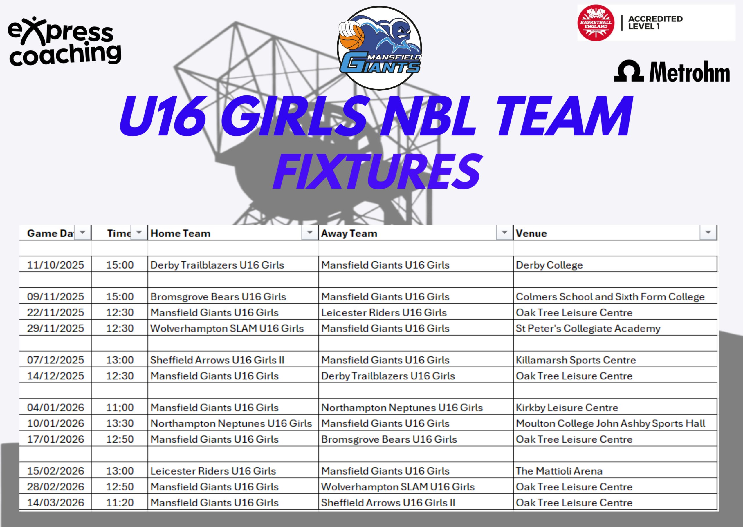 Mansfield Giants Fixtures