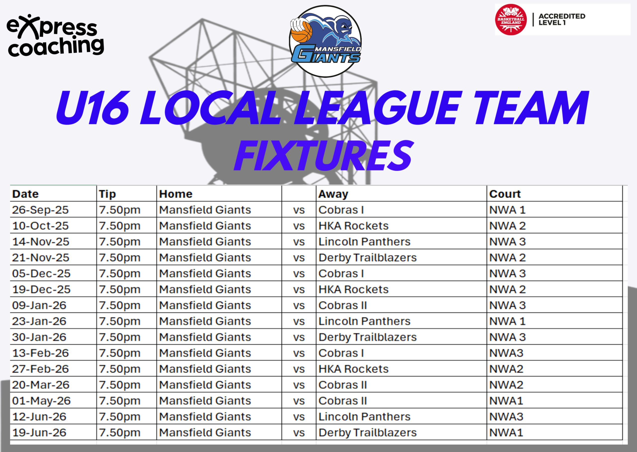 Mansfield Giants Fixtures