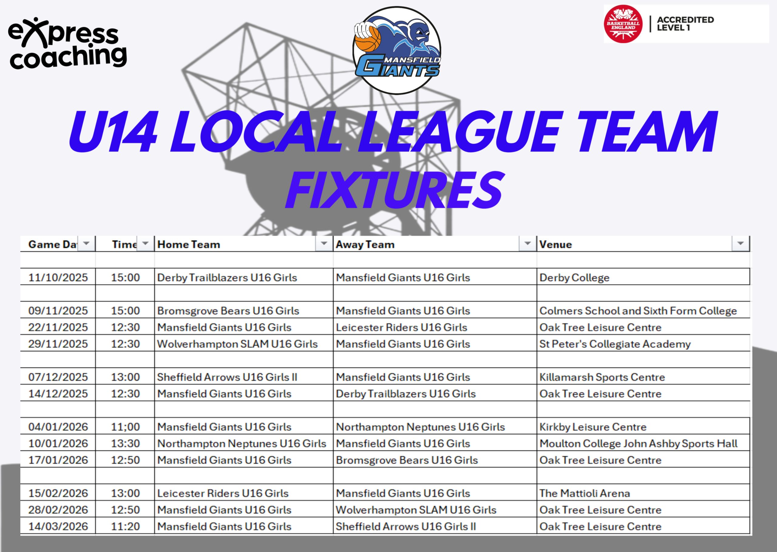 Mansfield Giants Fixtures