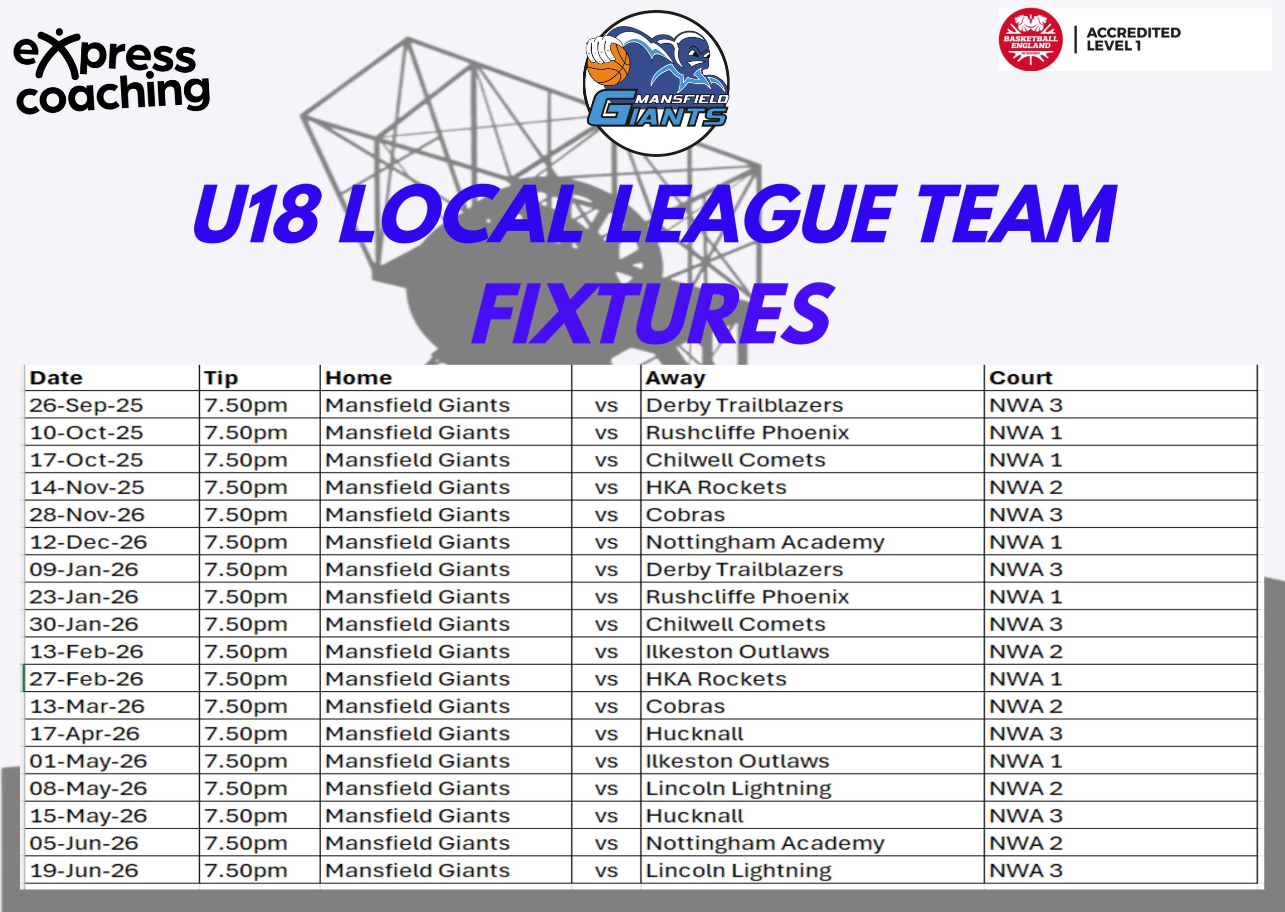 Mansfield Giants Fixtures